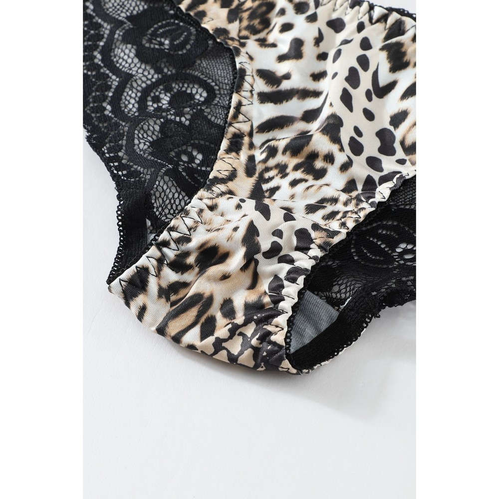 Black and white Leopard Print Lace Splicing Bra Panties & Garter set lingerie - Picture 14 of 15